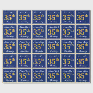 Elegant, Blue, Faux Gold 35th Birthday + Name Wrapping Paper