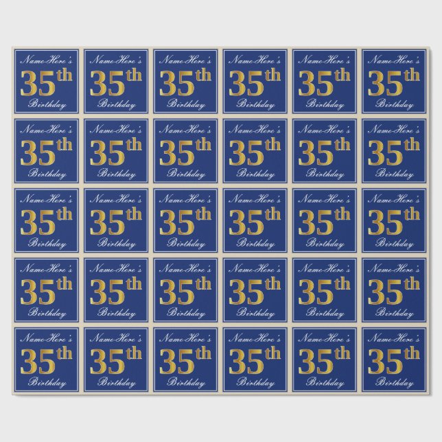 Elegant, Blue, Faux Gold 35th Birthday + Name Wrapping Paper (Flat)