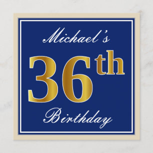 Elegant, Blue, Faux Gold 36th Birthday + Name Invitation