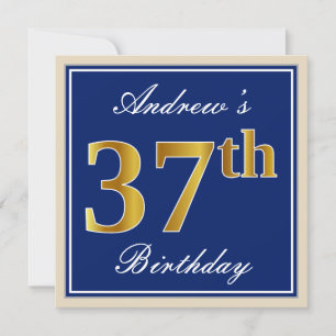 Elegant, Blue, Faux Gold 37th Birthday + Name Invitation