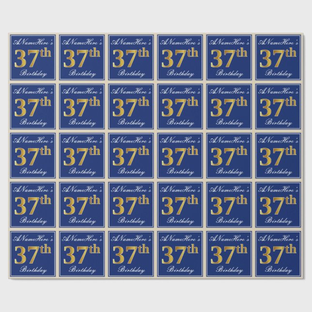 Elegant, Blue, Faux Gold 37th Birthday + Name Wrapping Paper (Flat)