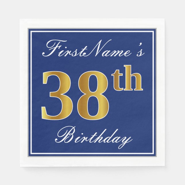 Elegant Blue, Faux Gold 38th Birthday; Custom Name Napkin (Front)
