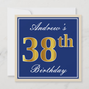 Elegant, Blue, Faux Gold 38th Birthday + Name Invitation