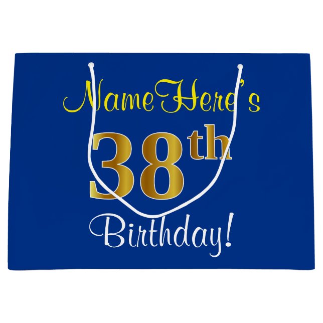 Elegant, Blue, Faux Gold 38th Birthday + Name Large Gift Bag (Front)