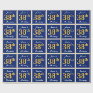 Elegant, Blue, Faux Gold 38th Birthday + Name Wrapping Paper