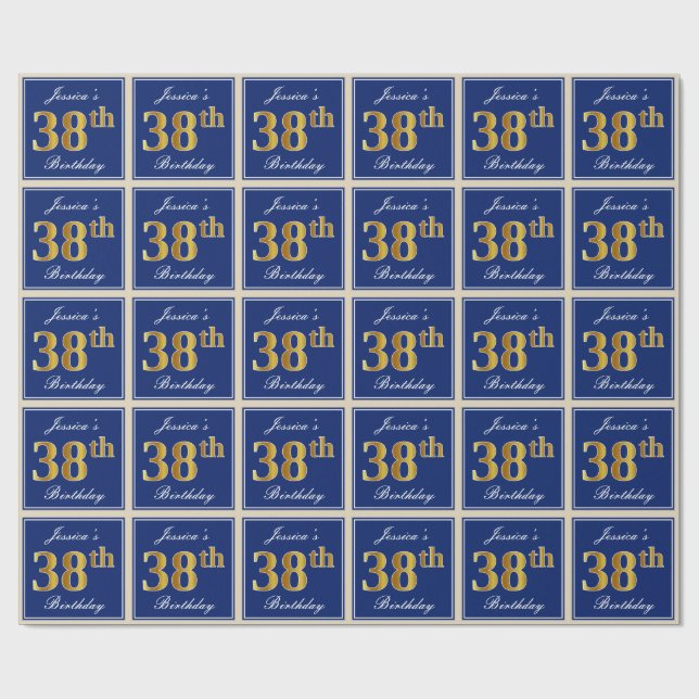Elegant, Blue, Faux Gold 38th Birthday + Name Wrapping Paper (Flat)
