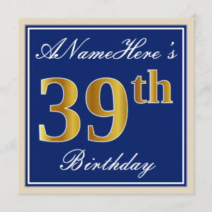 Elegant, Blue, Faux Gold 39th Birthday + Name Invitation