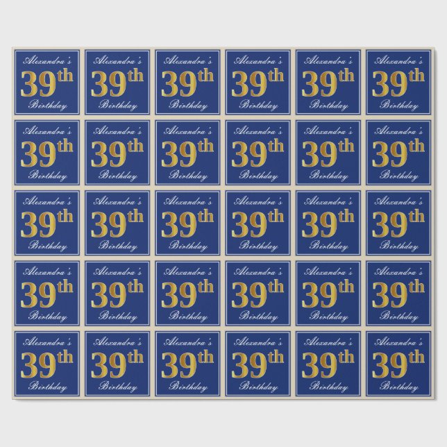 Elegant, Blue, Faux Gold 39th Birthday + Name Wrapping Paper (Flat)