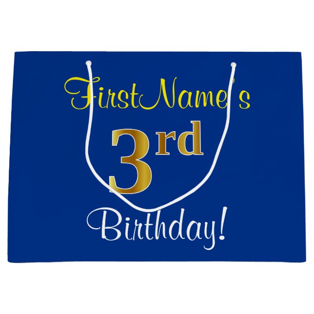 Elegant, Blue, Faux Gold 3rd Birthday; Custom Name Large Gift Bag (Front)
