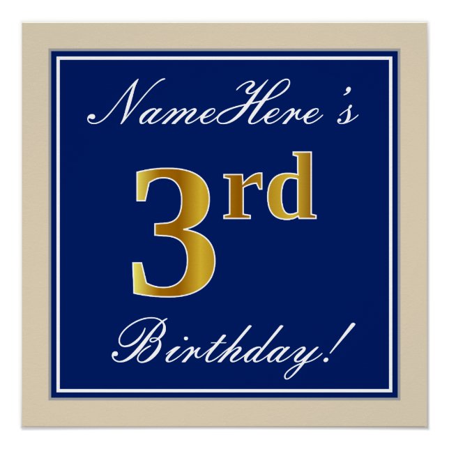 Elegant, Blue, Faux Gold 3rd Birthday; Custom Name Poster (Front)