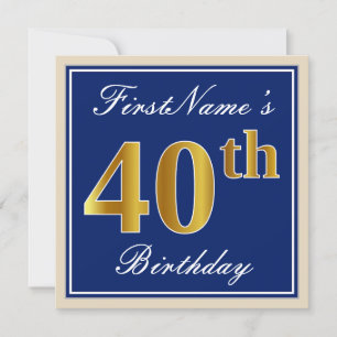 Elegant, Blue, Faux Gold 40th Birthday + Name Invitation