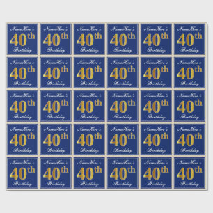 Elegant, Blue, Faux Gold 40th Birthday + Name Wrapping Paper