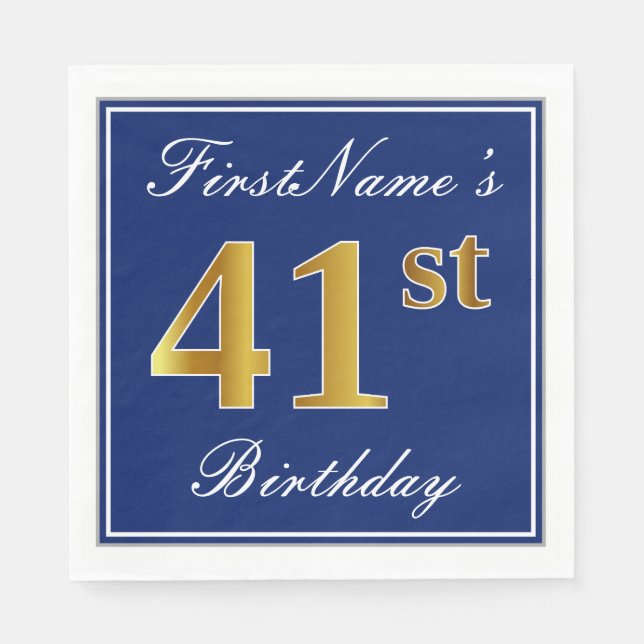 Elegant Blue, Faux Gold 41st Birthday; Custom Name Napkin (Front)