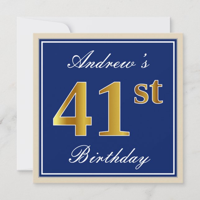 Elegant, Blue, Faux Gold 41st Birthday + Name Invitation (Front)