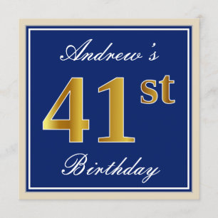 Elegant, Blue, Faux Gold 41st Birthday + Name Invitation