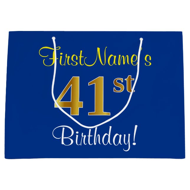 Elegant, Blue, Faux Gold 41st Birthday + Name Large Gift Bag (Front)