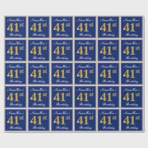 Elegant, Blue, Faux Gold 41st Birthday + Name Wrapping Paper