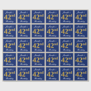 Elegant, Blue, Faux Gold 42nd Birthday + Name Wrapping Paper