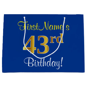 Elegant, Blue, Faux Gold 43rd Birthday + Name Large Gift Bag