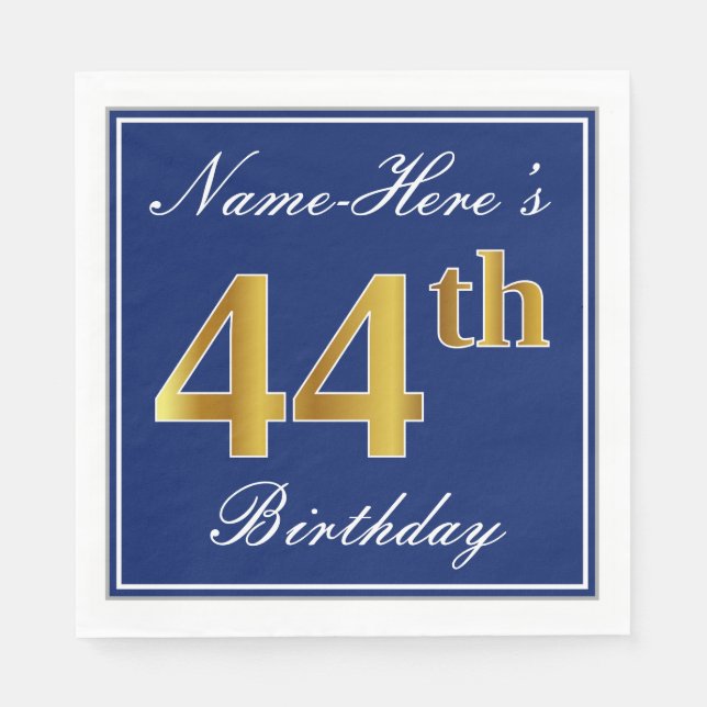 Elegant Blue, Faux Gold 44th Birthday; Custom Name Napkin (Front)