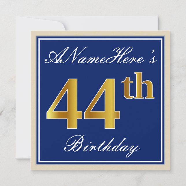 Elegant, Blue, Faux Gold 44th Birthday + Name Invitation (Front)