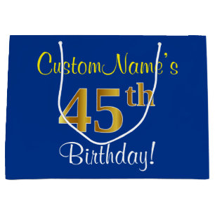 Elegant, Blue, Faux Gold 45th Birthday + Name Large Gift Bag