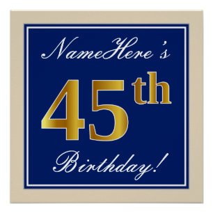 Elegant, Blue, Faux Gold 45th Birthday + Name Poster