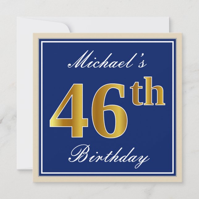 Elegant, Blue, Faux Gold 46th Birthday + Name Invitation (Front)