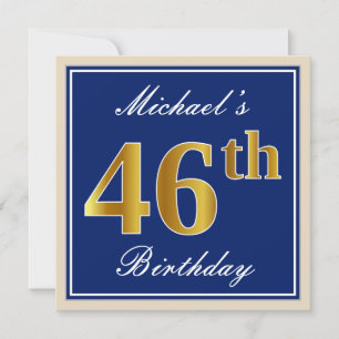 Elegant, Blue, Faux Gold 46th Birthday + Name Invitation