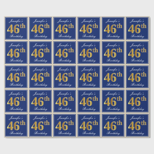 Elegant, Blue, Faux Gold 46th Birthday + Name Wrapping Paper (Flat)