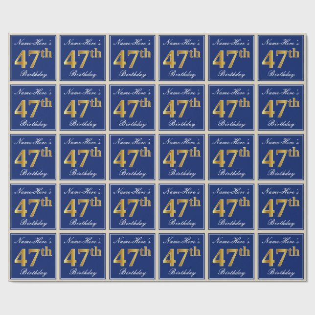 Elegant, Blue, Faux Gold 47th Birthday + Name Wrapping Paper (Flat)
