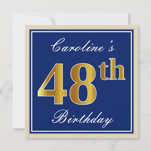 Elegant, Blue, Faux Gold 48th Birthday + Name Invitation (Front)
