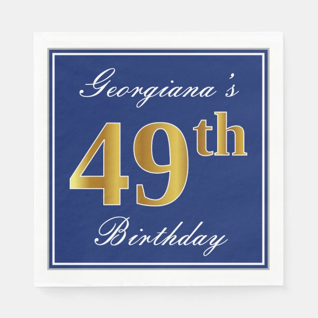 Elegant Blue, Faux Gold 49th Birthday; Custom Name Napkin (Front)