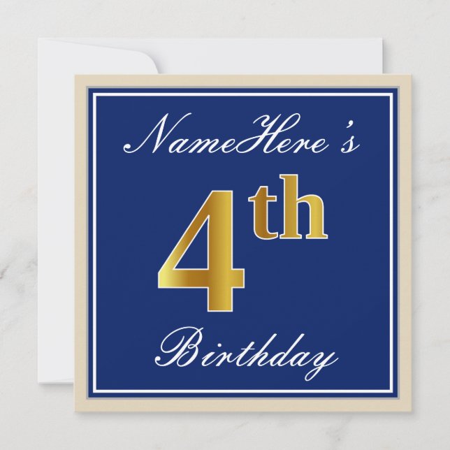 Elegant, Blue, Faux Gold 4th Birthday; Custom Name Invitation (Front)