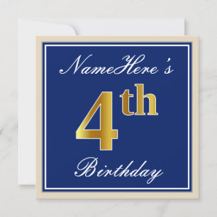 Elegant, Blue, Faux Gold 4th Birthday; Custom Name Invitation