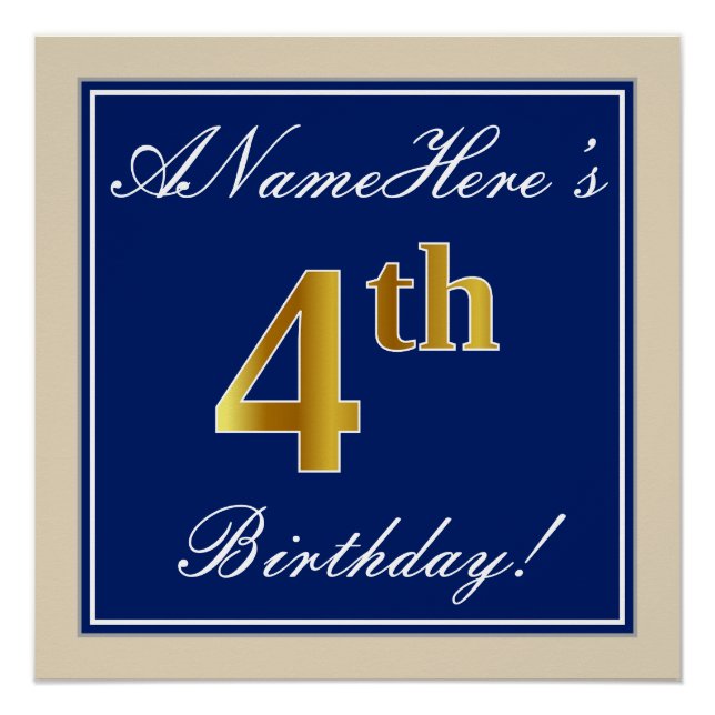 Elegant, Blue, Faux Gold 4th Birthday; Custom Name Poster (Front)