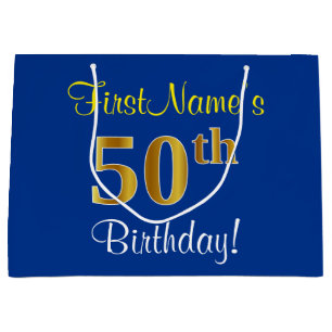 Elegant, Blue, Faux Gold 50th Birthday + Name Large Gift Bag