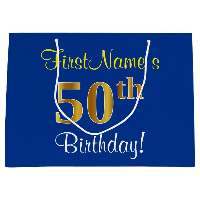Elegant, Blue, Faux Gold 50th Birthday + Name Large Gift Bag (Front)