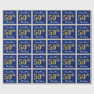 Elegant, Blue, Faux Gold 50th Birthday + Name Wrapping Paper