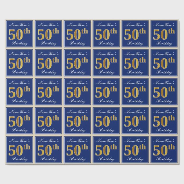 Elegant, Blue, Faux Gold 50th Birthday + Name Wrapping Paper (Flat)
