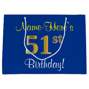 Elegant, Blue, Faux Gold 51st Birthday + Name Large Gift Bag
