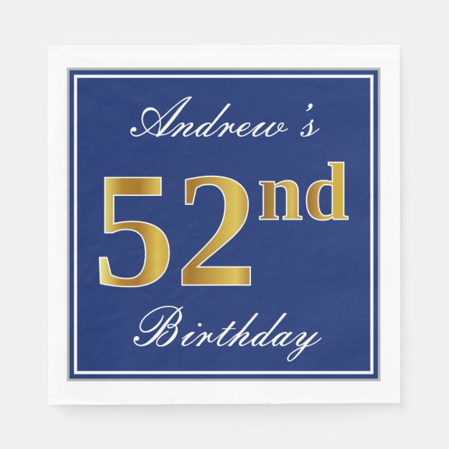 Elegant Blue, Faux Gold 52nd Birthday; Custom Name Napkin (Front)