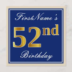 Elegant, Blue, Faux Gold 52nd Birthday + Name Invitation
