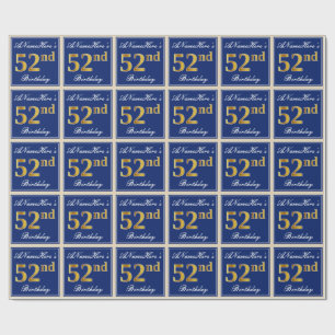 Elegant, Blue, Faux Gold 52nd Birthday + Name Wrapping Paper