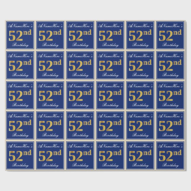 Elegant, Blue, Faux Gold 52nd Birthday + Name Wrapping Paper (Flat)