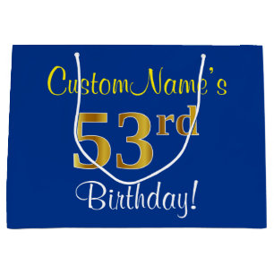 Elegant, Blue, Faux Gold 53rd Birthday + Name Large Gift Bag