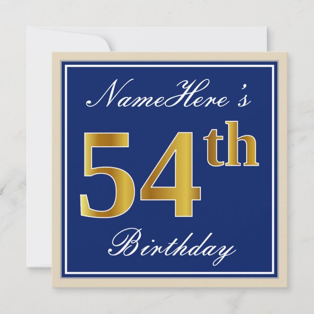 Elegant, Blue, Faux Gold 54th Birthday + Name Invitation (Front)