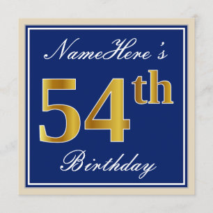 Elegant, Blue, Faux Gold 54th Birthday + Name Invitation