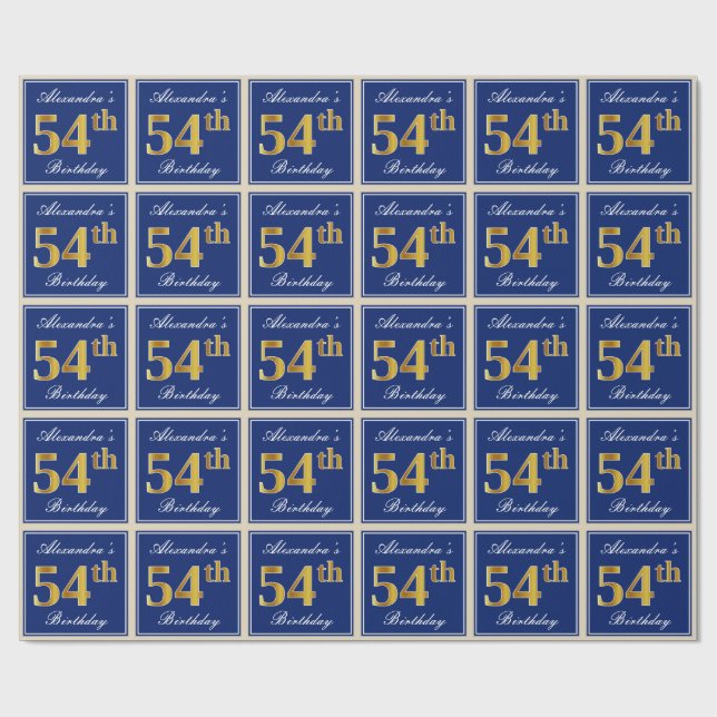 Elegant, Blue, Faux Gold 54th Birthday + Name Wrapping Paper (Flat)