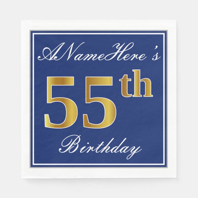 Elegant Blue, Faux Gold 55th Birthday; Custom Name Napkin (Front)